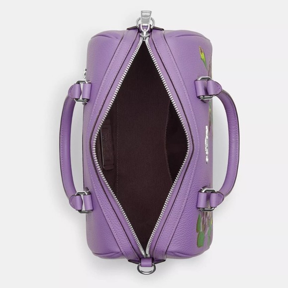NWT Coach Rowan Satchel With Rose Print/ Refined Pebble Leather/Purple - Picture 6 of 10